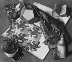 M. C. Escher grafika: Hüllők REPRINT nyomat, 3d térjáték illúzió geometria csendélet fekete fehér