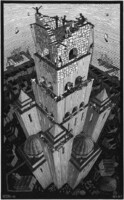 M. C. Escher grafika: Bábel tornya REPRINT nyomat, Biblia jelenet építészet geometria fekete fehér