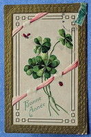 Antik dombornyomott Újévi üdvözlő képeslap  4levelű arany keret katica