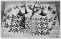 M. C. Escher grafika: Mágikus tükör REPRINT nyomat, szárnyas oroszlán geometrikus játék fekete fehér