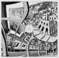 M. C. Escher grafika: Kép galéria REPRINT nyomat, 3d illúzió geometrikus játék városkép fekete fehér