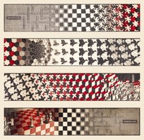 M. C. Escher grafika: Átalakulás II. REPRINT nyomat, geometrikus játék sakktábla méh hal madár város