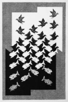 M. C. Escher grafika: Ég és víz II. REPRINT nyomat, geometrikus játék madár hal átalakulás