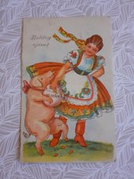 Régi újévi képeslap rajzos vintage képeslap szerencsemalac népviselet
