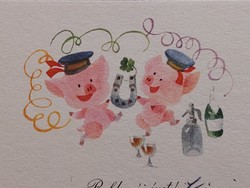 Régi mini képeslap újévi levelezőlap üdvözlőkártya malac lóhere bor szóda patkó szilveszter