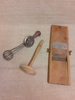 Old kitchen tools in good condition, whisk, potato masher, marked, adjustable vegetable slicer