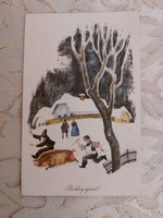 Old New Year postcard 1964 style postcard snowy landscape rural pig slaughter