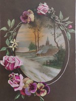 Old New Year's postcard postcard landscape flower motif rose pansy