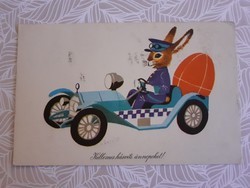 Old Easter postcard style postcard with car bunny rabbit