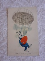 Old Easter postcard style postcard with parachute bunny rabbit