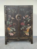 Antique Chinese furniture bird flower embossed stone inlaid painted black lacquer small cabinet 845