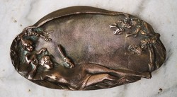Art Nouveau bronze offering naked lady nude and putto decoration ashen business card holder