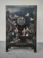 Antik kínai bútor gésa madár virág dombor kő berakásos festett kis fekete lakk szekrény 629