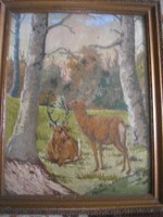 N11 petit point antique art glass needle tapestry artwork deer family with wood panel reinforcement