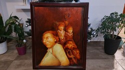 (K) Barkóczi József zseniális festménye 44x56 cm kerettel, enyhén szürrealisztikus.