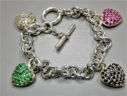 Silver bracelet with ruby-emerald-sapphire-zirconia hearts