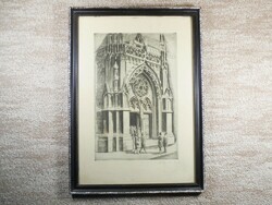 Füle Mihály ( 1914-2005)  rézkarc kép díszes fa keretben, - gótikus templom ábrázolás