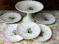 Wilhelmsburg faience, hand-painted cake set, serving tray with stand, bowl with stand, 5 plates