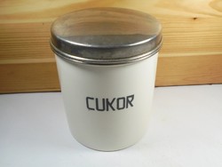 Antik régi fajansz konyhai tároló edény, cukortartó cukor felirat réz tetővel 1900-as évek elejéről