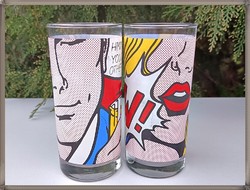 Pair of rare retro glass glasses with a Roy Lichtenstein painting pattern