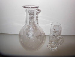Liqueur bottle + glass - acid etched - old - 3.5 dl - 16 x 9 cm - thick - spectacular - flawless