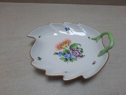 Herend flower-patterned porcelain leaf-shaped serving bowl with handles