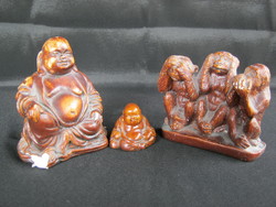 3 Gypsum figures of Buddha and monkey