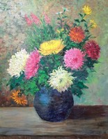 Colorful floral still life - oil painting 80x65 cm - with monogram gj, 1966