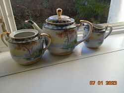 Kézzel festett tóparti Napkelte hattyúval,házikóval,japán porcelán teás szervírozók ezüst rózsás