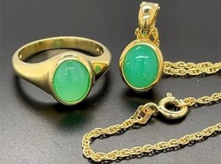 Green opal gemstone/ sterling silver set with 14 carat gold plating 925 - size 56