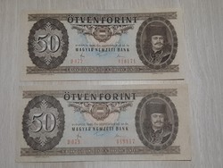 50 forint 1980  ropogós bankjegy 2 db szín eltérés , előlapon elcsúszott nyomás