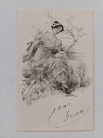 Régi húsvéti képeslap 1901 E. Czech levelezőlap hölgy bárany
