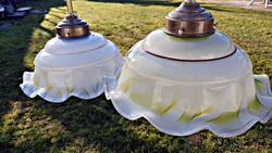 Old kitchen ceiling lamp, chandelier, pendant lamp with a frilled edge, painted glass cover.