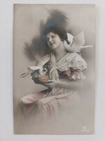 Old postcard 1911 photo postcard lady pigeons