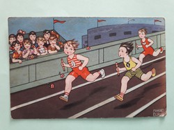 Régi képeslap Margret Boriss rajza levelezőlap gyerekek sport futás