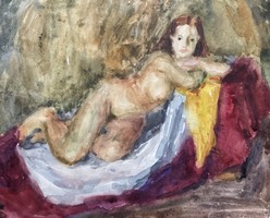 Watercolor nude painting by Vera Sümegi.