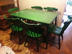 Retro bonanza green dining room solid wood wooden table 6 chair set with turned legs