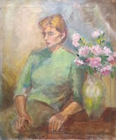 Béláné Tömösváry: portrait with flowers, 1958 (oil, canvas, 60x50 cm) Aranka Tömösváry - female painter