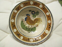 Antique Transylvanian plate with rooster, countryside, 1900s