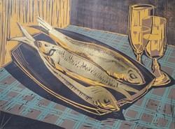 József Litkei (1924-1988): fish (signed linocut), animals, still life
