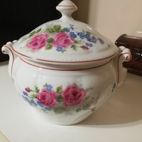 Antik, rózsás, nefelejcses porcelán leveses tál