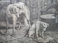 Kutyák a szobában - rézkarc szép keretben, mérete 36×30 cm - olvasó kutyakölyök - agár