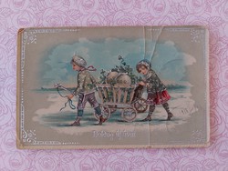 Régi újévi képeslap 1917 levelezőlap gyerekek lóhere szekér