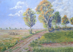 Serene summer landscape with a shepherd and lambs - pastel (size with frame 33x43 cm) peasant portrait