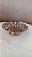 Old small copper plate with a base, decorated with colorful flowers with an openwork pattern, flawless, very beautiful