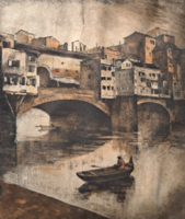 Florence, ponte vecchio, 1928 - colored etching (size with frame 50x44 cm) Italian city