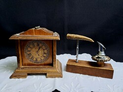 Régi óra alakú fából készült tartóban 6 db pohár tartó + ajándék asztali üvegnyitó készlet