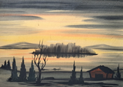 Sunset on the lakeshore (framed painting) twilight, waterside landscape - oriental artist?