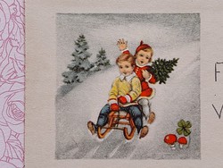 Old mini Christmas postcard 1942 greeting card kids snowy landscape 2 pcs