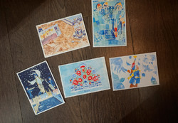 5 darab művészi képeslap egy csomagban, 3db Budapest, 1db mese illusztráció témában